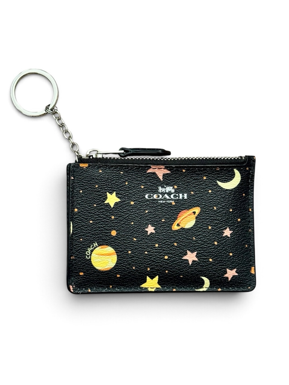 Coach Rare Celestial Space Retired Print Zip Card Case Keychain Black Multicolor